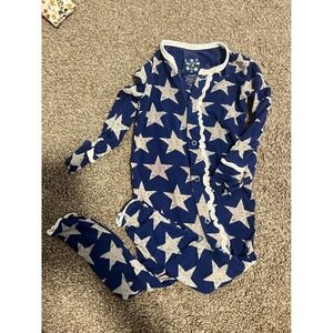 Kickee pants Kids Zip Pajamas Blue Star Print Ruffle Trim Footed Sleepwear